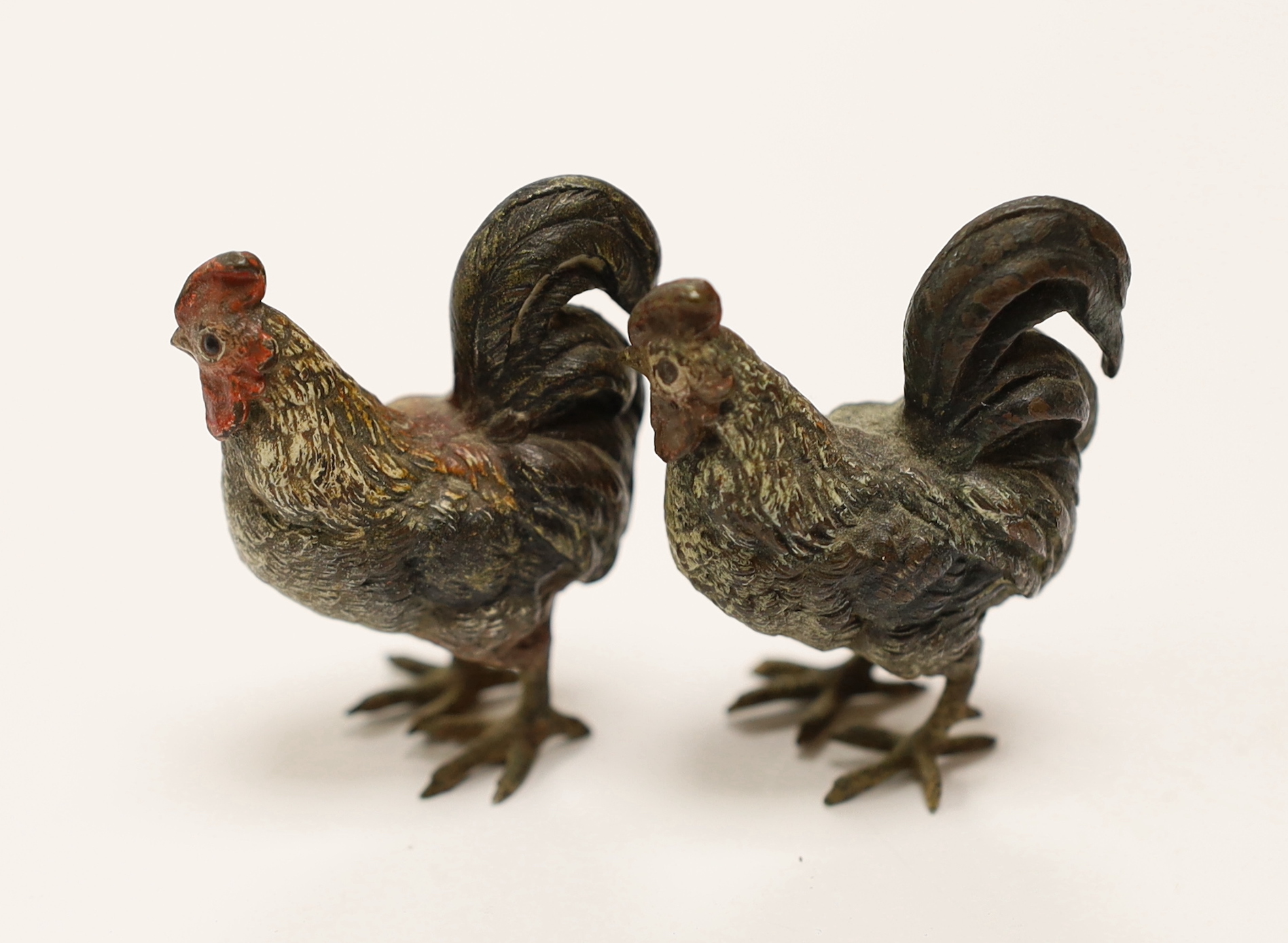 Two Austrian cold painted bronze models of Chickens, both approx 6cm high